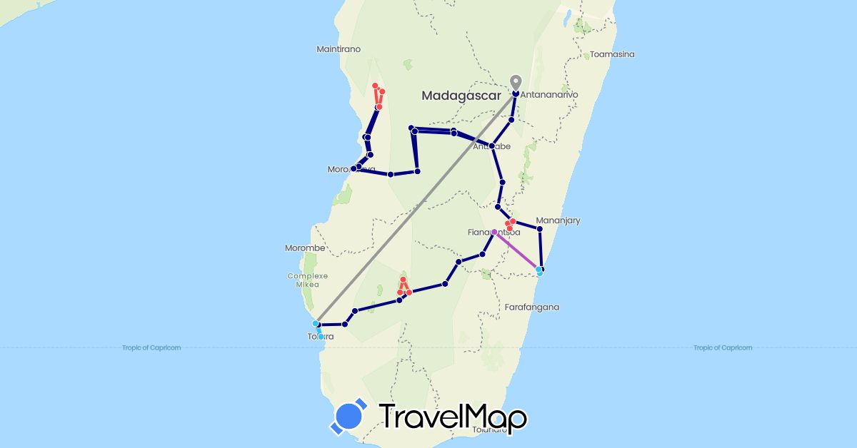 TravelMap itinerary: driving, plane, train, hiking, boat in Madagascar (Africa)