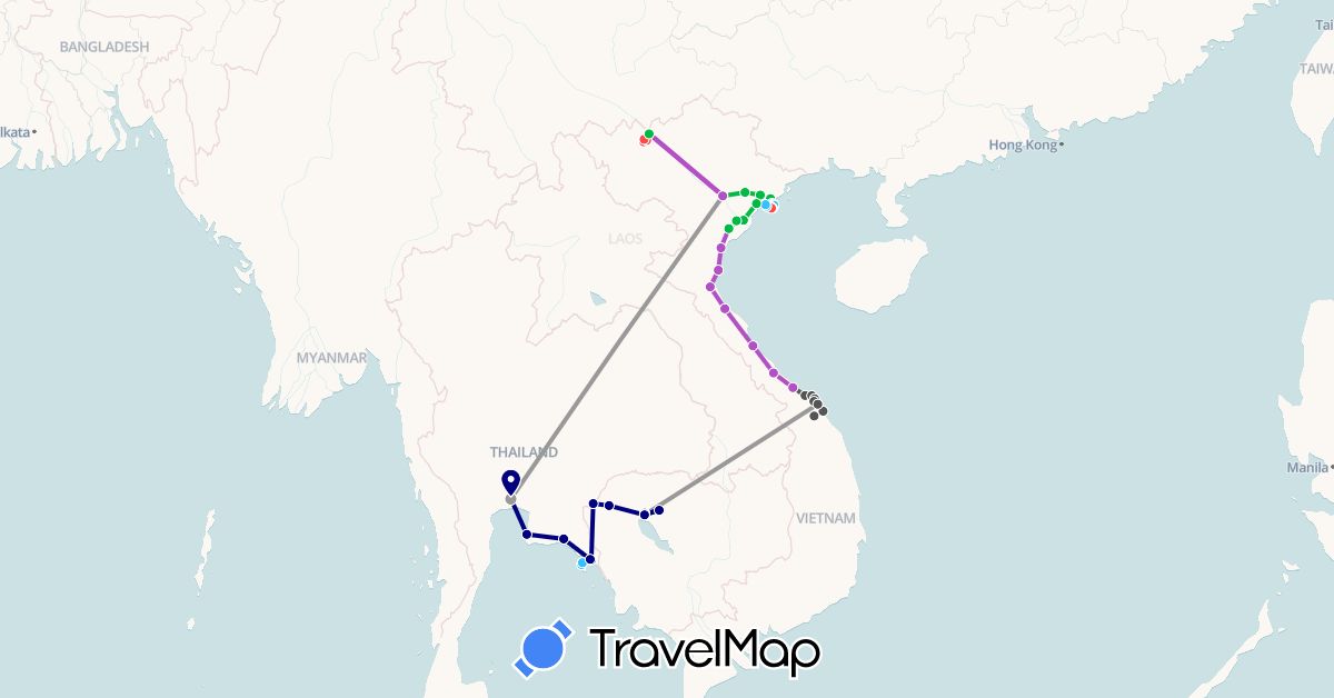TravelMap itinerary: driving, bus, plane, train, hiking, boat, motorbike in Cambodia, Thailand, Vietnam (Asia)