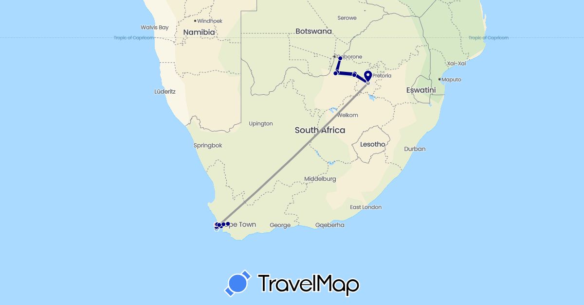 TravelMap itinerary: driving, plane, hiking, boat in South Africa (Africa)