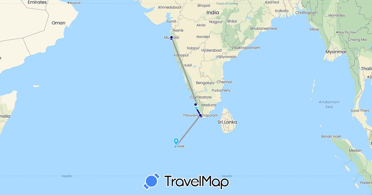 TravelMap itinerary: driving, plane, boat in India, Maldives (Asia)